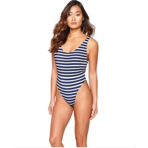 Agua Bendita Brujula Navy White Stripe One Piece Brazilian Cut Swimsuit Large - Picture 1 of 9